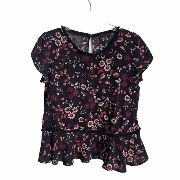 W5 Multicolor Floral Peplum Fringed Short Sleeve Top Blouse Women's - Picture 1 of 8